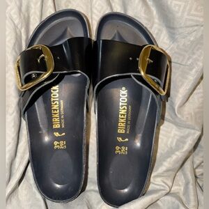 Birkenstock Black Slide Sandals with Gold Buckles